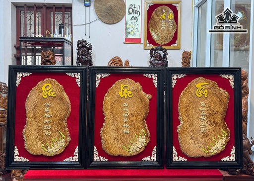 Bộ Ba Tranh Phúc Lộc Thọ Gỗ Nu Ngọc Am Khung 71x54x3 (cm)