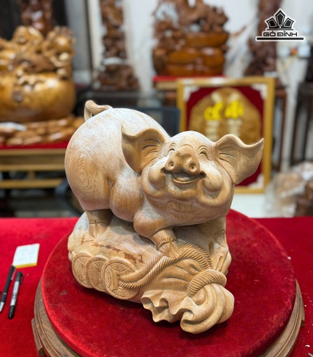 Tượng Heo Gỗ Ngọc Am Cao 32 Ngang 37 Sâu 25 (cm)