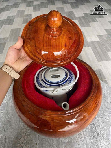 Bình Ủ Trà Gỗ Gõ Đỏ ( Cà Te) Cao 38 Đường Kính 32 (cm) - 2,5 Lít