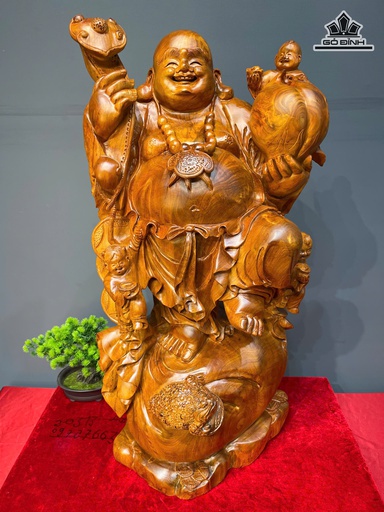 Tượng Phật Di Lặc Tam Phúc Đứng Bao Tiền Gỗ Hương Cao 82 Ngang 43 Sâu 35 (cm)