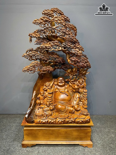 Tượng Phật Di Lặc Tam Phúc Gỗ Bách Xanh Cao Cả Kỷ 128 Ngang 70 Sâu 40 (cm) - Kỷ Cao 40