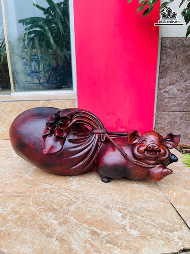 Tượng Heo Kéo Bao Tiền Gỗ Trắc Cao 18 Ngang 42 Sâu 17 (cm) - 6kg
