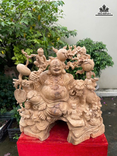 Tượng Phật Di Lặc Ngũ Phúc Vác Đào Gỗ Ngọc Am Cao 65 Ngang 65 Sâu 38 (cm)