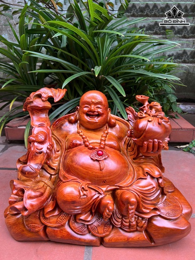 Tượng Phật Di Lặc Vác Gậy Như Ý Gỗ Hương Cao 33 Ngang 43 Sâu 26 (cm)