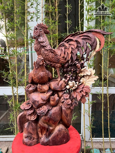 Tượng Gia Đình Gà Gỗ Cẩm Cao 68 Ngang 43 Sâu 25 (cm)