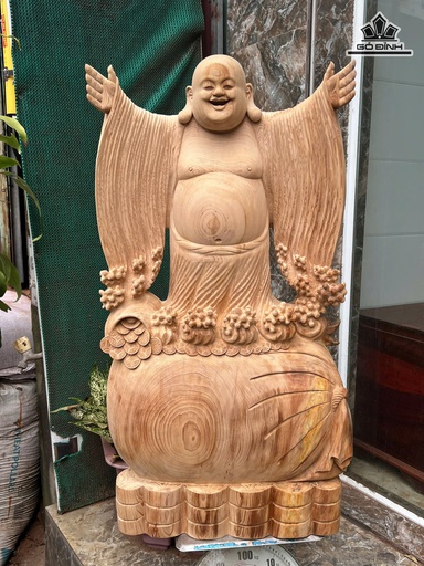 Tượng Phật Di Lặc Nghênh Hỷ Tứ Phương Gỗ Ngọc Am Cao 102 Ngang 56 Sâu 23 (cm)