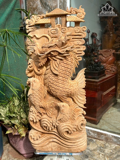 Tượng Cá Chép Hóa Rồng Gỗ Ngọc Am Cao 93 Ngang 40 Sâu 20 (cm)