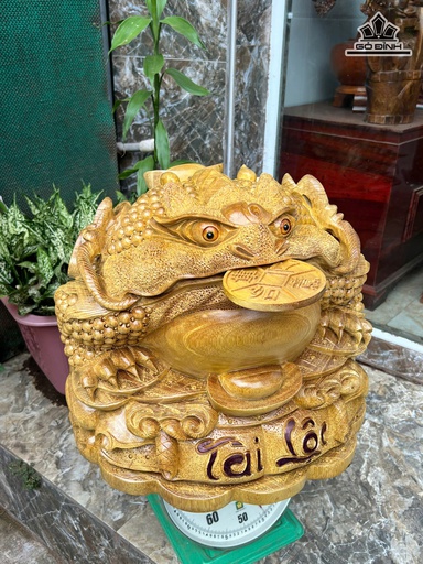 Tượng Cóc Ngậm Tiền Gỗ Cẩm Vàng Cao 40 Ngang 48 Sâu 48 (cm)