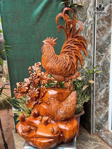 Tượng Gia Đình Gà Gỗ Hương Cao 85 Ngang 58 Sâu 40 (cm)