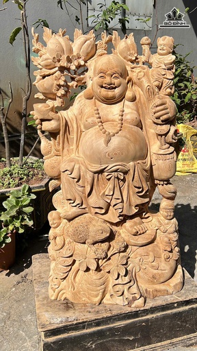 Tượng Phật Di Lặc Tam Phúc Gánh Đào Gỗ Ngọc Am Cao 93 Ngang 55 Sâu 35 (cm)