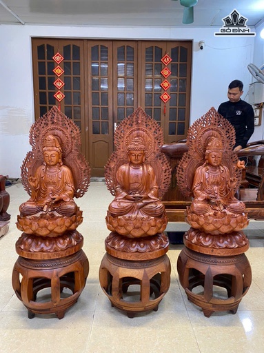 Bộ Tam Thế Phật Gỗ Hương Đá Cao 60 Ngang 34 Sâu 34 (cm) - Hào Quang 78 (cm)
