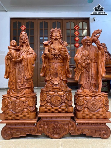 Tượng Phúc Lộc Thọ (Tam Đa) Gỗ Hương Cao 60 Ngang 22 Sâu 16 (cm) - Kỷ Cao 15 Mặt 22 (cm)
