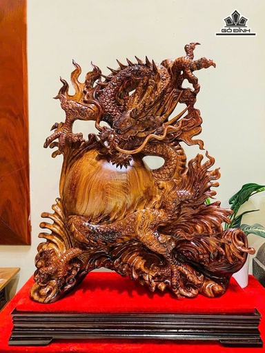 Tượng Nhất Long Trấn Chum Gỗ Cẩm Cao 56 Ngang 50 Sâu 12 (cm)