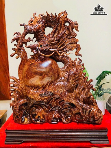 Tượng Nhất Long Trấn Chum Gỗ Cẩm Cao 58 Ngang 46 Sâu 20 (cm)