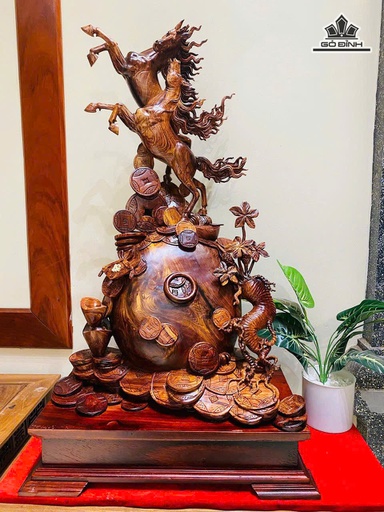 Tượng Song Mã Uyên Ương Gỗ Cẩm Cao 81 Ngang 50 Sâu 28 (cm) - Cả Kỷ Cao 91