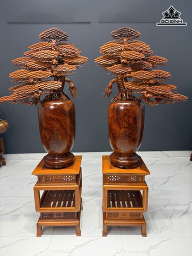 Cặp Bình Tùng Bonsai Gỗ Cẩm Cao 176 Ngang 68 Sâu 42 (cm) - Kèm 2 Đôn