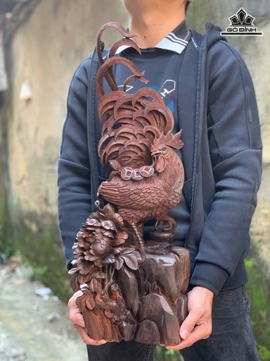 Tượng Gà Trống Phong Thủy Gỗ Trắc Cao 65 Ngang 23 Sâu 16 (cm) - 6,5kg