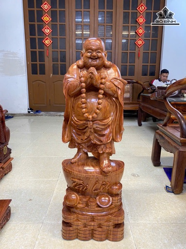 Tượng Phật Di Lặc Đứng Thỏi Vàng Tài Lộc Gỗ Hương Cao 100 Ngang 34 Sâu 24 (cm)