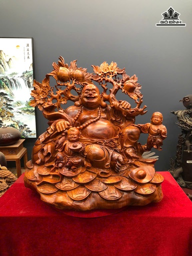 Tượng Phật Di Lặc Nhị Phúc Vác Đào Gỗ Hương Cao 58 Ngang 60 Sâu 40 (cm)