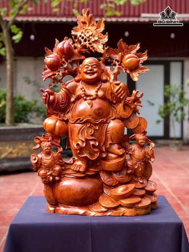 Tượng Phật Di Lặc Nhị Phúc Vác Đào Gỗ Hương Cao 81 Ngang 48 Sâu 25 (cm)