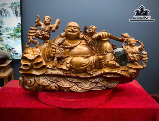 Tượng Phật Di Lặc Tam Phúc Gỗ Bách Xanh Cao 36 Ngang 58 Sâu 22 (cm)