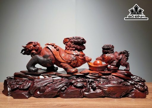 Cầu Tỳ Hưu Mẫu Tử Gỗ Trắc Cao Cả Đế 25 Ngang 66 Sâu 23 (cm) - Kích Thước Không Đế 21x60x15 (cm)