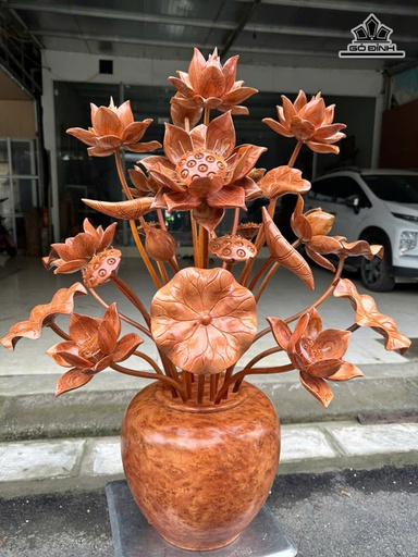 Bình Hoa Sen Gỗ Hương Đá 25 Cành Coa 90 Ngang 70 - Đường Kính Bình 30 Cao 29 (cm)