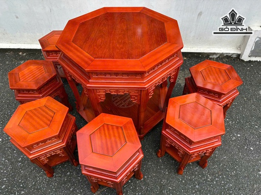 Bộ Đôn Lục Lăng 7 Món Gỗ Gụ - Bàn Cao 70 Mặt Bàn Rộng 81 - Ghế Cao 43 - Đường Kính Mặt Ghế Rộng 36 (cm)