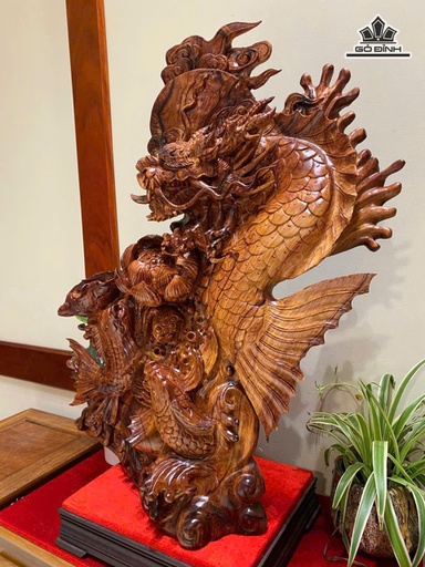 Tượng Cá Chép Hóa Rồng Gỗ Cẩm Cao 74 Ngang 60 Sâu 21 (cm)
