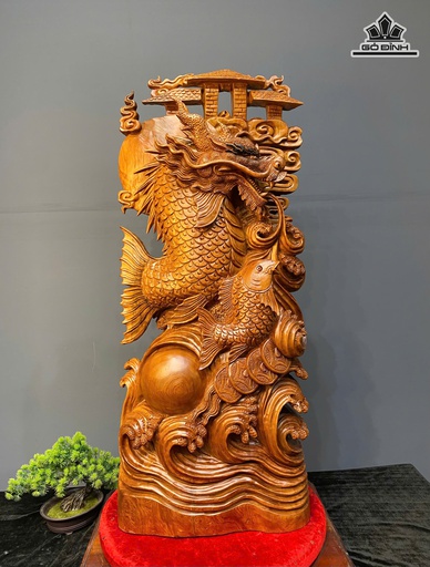 Tượng Cá Chép Hóa Rồng Gỗ Ngọc Am Cao 96 Ngang 42 Sâu 17 (cm)