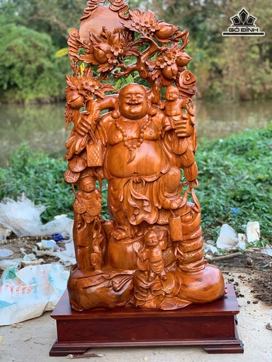 Tượng Phật Di Lặc Tam Phúc Gỗ Hương Cao Cả Kỷ 130 Ngang 65 Sâu 30 - Kỷ Cao 15 (cm)