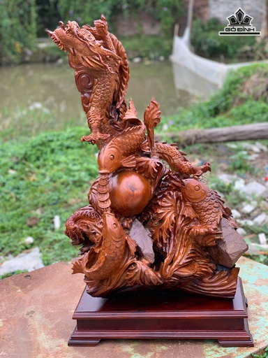 Tượng Tam Ngư Hóa Rồng Gỗ Hương Cao Cả Kỷ 92 Ngang 55 Sâu 25 - Kỷ Cao 10 (cm)