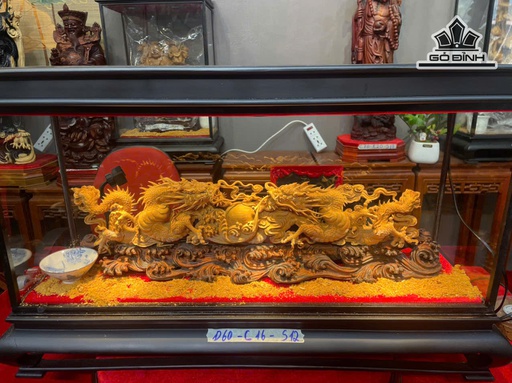 Tượng Song Long Phong Thủy Gỗ Hoàng Đàn Cao 16 Ngang 60 Sâu 12 (cm)