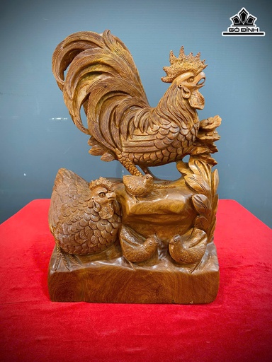 Tượng Gia Đình Gà Gỗ Hương Cao 39 Ngang 26 Sâu 14 (cm)