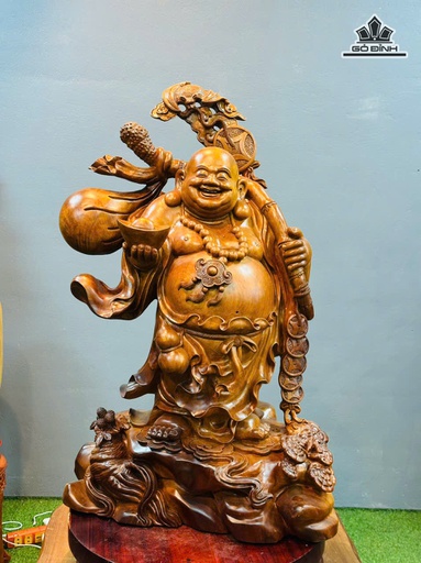 Tượng Phật Di Lặc Cười Ngao Du Gỗ Ngọc Am Cao 98 Ngang 62 Sâu 40 (cm)