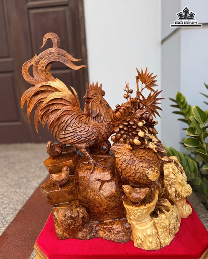 Tượng Gia Đình Gà Gỗ Nu Ngọc Am Cao 69 Ngang 48 Sâu 29 (cm)