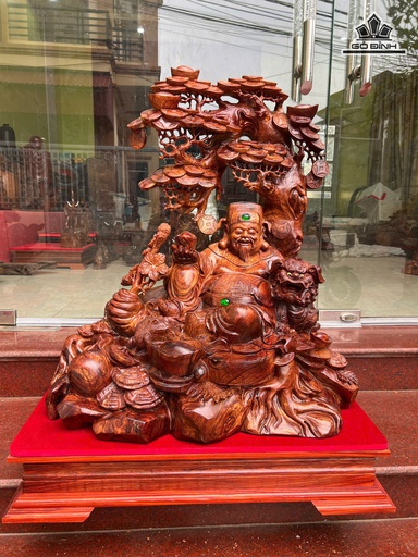 Tượng Thần Tài Ngự Kim Tiền Gỗ Cẩm Cao 75 Ngang 75 Sâu 48 (cm)