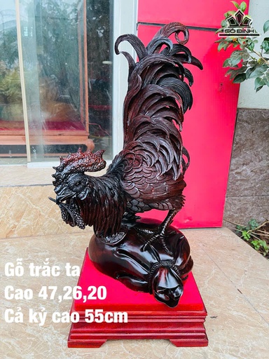 Tượng Gà Trống Gỗ Trắc Cao 47 Ngang 26 Sâu 20 (cm) - Cả Kỷ Cao 55 (cm)