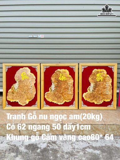 Tranh Phúc Lộc Thọ Gỗ Nu Ngọc Am Cao 62 Ngang 50 Dày 1 (cm) - Khung Gỗ Cẩm Vàng Cao 80x64 (cm) - 20kg