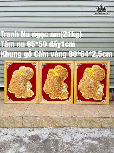 Tranh Phúc Lộc Thọ Gỗ Nu Ngọc Am Cao 65 Ngang 50 Dày 1 (cm) - Khung Gỗ Cẩm Vàng Cao 80x64x2,5 (cm) - 21kg