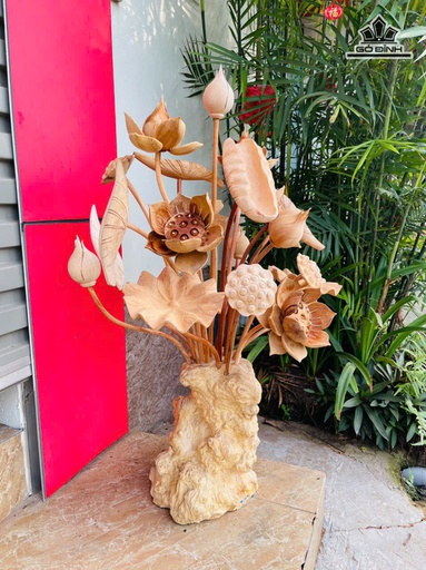 Bình Hoa Sen 21 Cành Gỗ Ngọc Am Cao 90 Ngang 55 Sâu 48 (cm) - 8kg