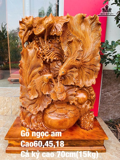 Tượng Song Ngư Gỗ Ngọc Am Cao 60 Ngang 45 Sâu 18 (cm) - Cả Kỷ Cao 70 - 15kg