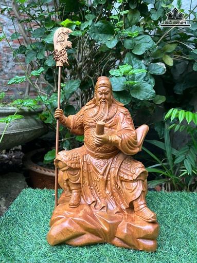 Tượng Quan Công Đọc Sách Gỗ Bách Xanh Cao 30 Ngang 19 Sâu 15 (cm)