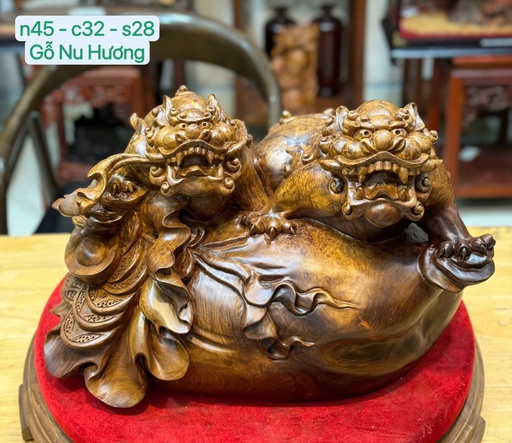 Tượng Song Nghê Gỗ Nu Hương Cao 32 Ngang 45 Sâu 28 (cm) - 19kg
