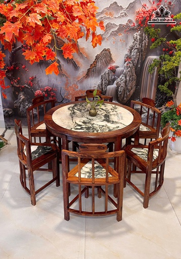 Bộ Bàn Tròn Thu Gọn Gỗ Cẩm - Mặt Đá Cẩm Thạch - Bàn Cao 72 Đường Kính 100 - Ghế Cao 71 - Tựa Lưng 50 (cm)