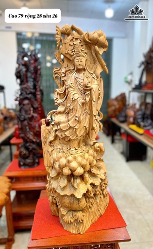 Tượng Phật Bà Quan Âm Gỗ Bách Xanh Cao 79 Ngang 28 Sâu 26 (cm)