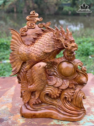 Tượng Cá Chép Hóa Rồng Gỗ Xá Xị Cao 66 Ngang 46 Sâu 20 (cm)