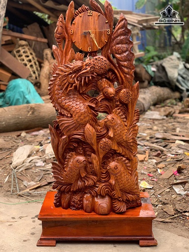 Tượng Ngũ Ngư Hóa Rồng Gỗ Hương Cao 115 Ngang 48 Sâu 30 (cm) - Không Kỷ Cao 100 (cm)