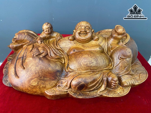 Tượng Di Lặc Ngự Tiền Vàng Gỗ Hương Cao 19 Ngang 56 Sâu 31 (cm)