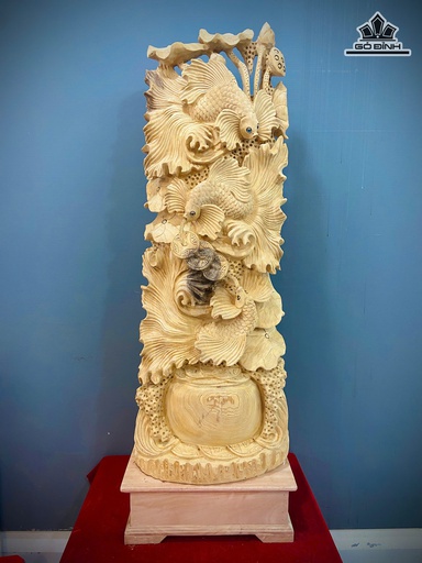 Tượng Tam Ngư Tài Lộc gỗ Ngọc Am Cao 135 Ngang 45 Sâu 22 (cm)